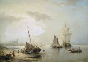 朝の光の中でオランダの海岸の帆船 作： Nicolaas Riegen